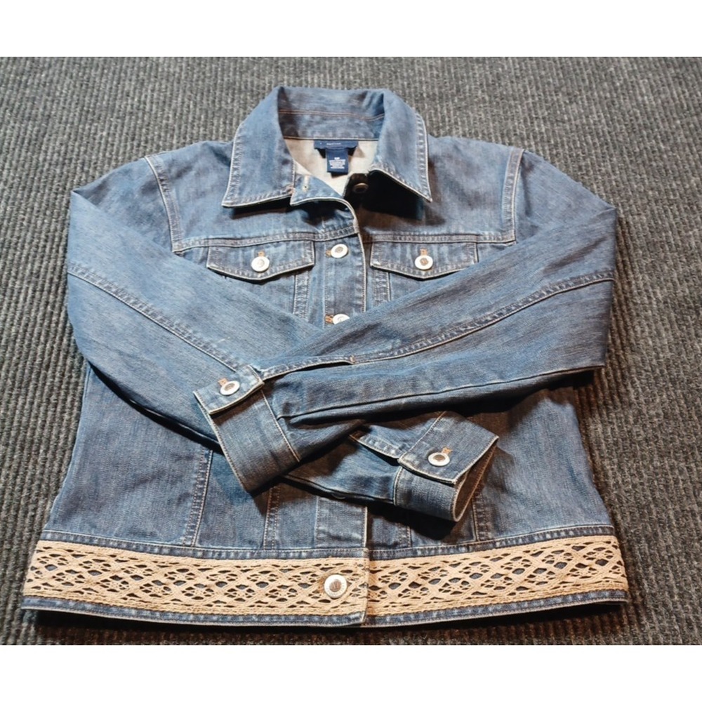 ANN TAYLOR Denim Jacket Lace Trim Size‎ Petite Small Button Front Preppy Classic